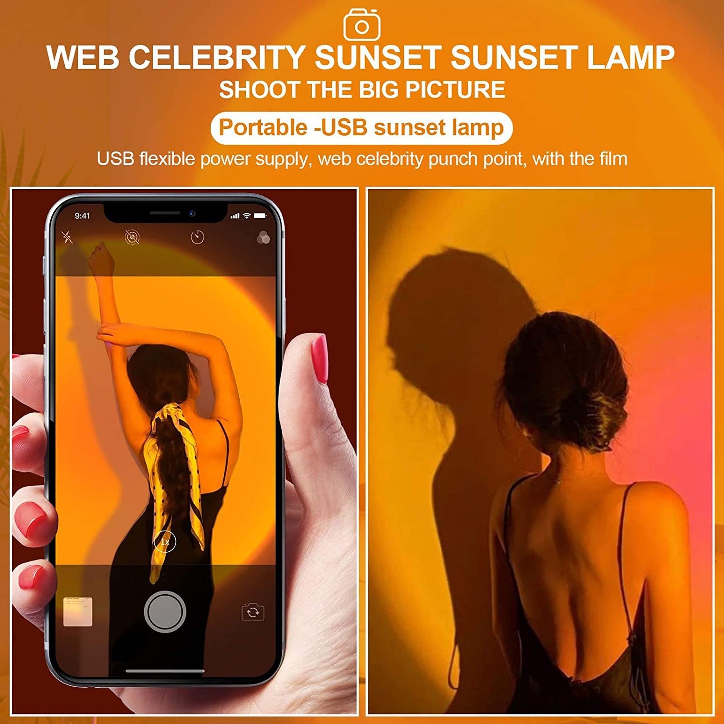 USB Sunset Light Mobile Phone Self Photography Light LED Rainbow Neon Night Light Projector Photography Wall Atmosphere Light